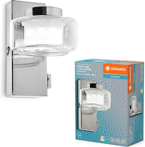 LEDVANCE ORBIS Flame wand- en plafondlamp met LED, chroom, 5,5W, 350lm, 3000/4000K, kleurtemperatuur instelbaar via wandschakelaar (koud wit en warm wit), IP44 bescherming tegen vreemde voorwerpen en spatwater
