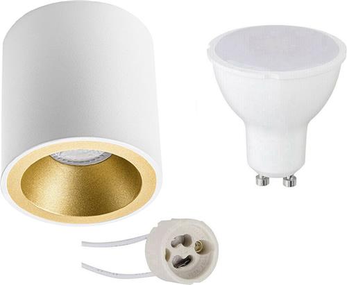 Opbouwspot Set - Pragmi Cliron Pro - GU10 Fitting - Dimbaar - Opbouw Rond - Mat Wit/Goud - 6W - Warm Wit 3000K - Verdiept - Ø90mm