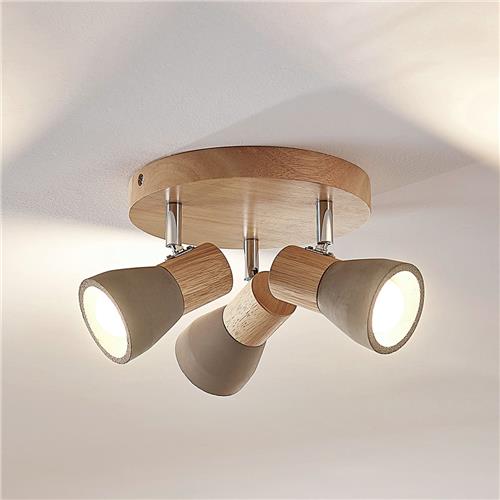 Lindby - buitenspot - 3lichts - Beton, hout, metaal - H: 15 cm - E14 - betongrijs, licht hout, satijnnikkel