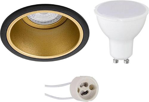 LED Spot Set - Pragmi Minko Pro - GU10 Fitting - Inbouw Rond - Mat Zwart/Goud - 6W - Natuurlijk Wit 4200K - Verdiept - Ø90mm