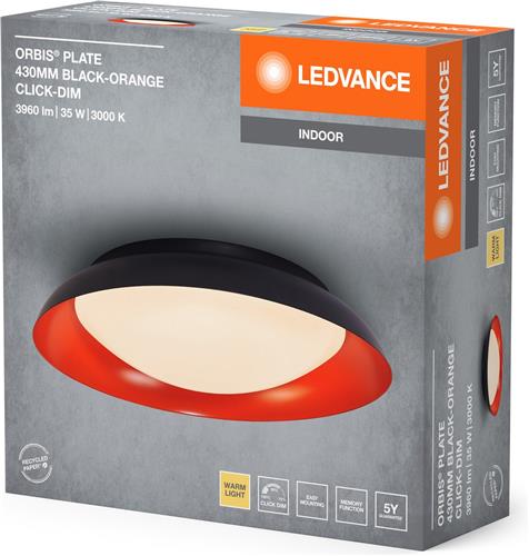LEDVANCE Orbis Plate LED plafondlamp, zwart-oranje, 35W, 1700lm, 3000K, 430mm, 830 vriendelijk warm wit, dimbaar in 3 niveaus door te trappen, IP20 bescherming, inclusief montageschroeven en pluggen