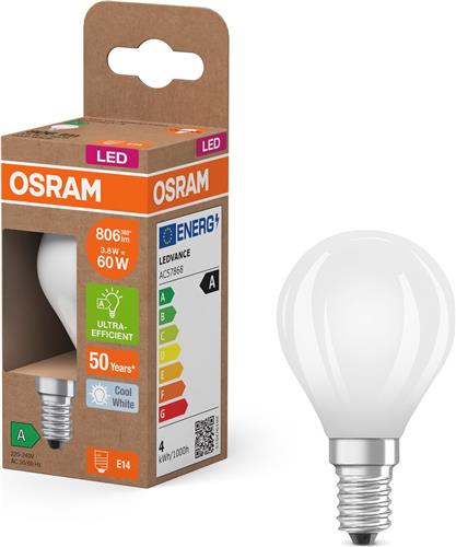 OSRAM Energy Class LED-lamp in klassieke minibolvorm, 3,8 W / 806 lm, EEK A, koud wit licht (4000 K), CRI 80, gemaakt van mat loodvrij glas, E14 fitting, IP20, 45 mm diameter.