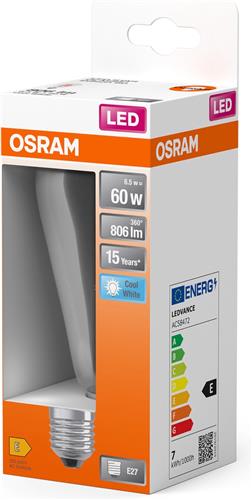 OSRAM LED Star Globe LED-lamp in klassieke Edison-lampvorm, 6,5 W / 806 lm, 4000 K voor koud wit licht, CRI 80, helder loodvrij glas, E27 fitting, IP20, EEK E, 64 mm diameter.