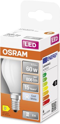 OSRAM LED Star Globe LED-Lampe in klassischer Miniballform, 5.5 W / 806 lm, 4000 K für kaltweißes Licht, CRI 80, aus gefrostetem bleifreiem Glas, E14 Sockel, IP20, EEK D, 45 mm Durchmesser.