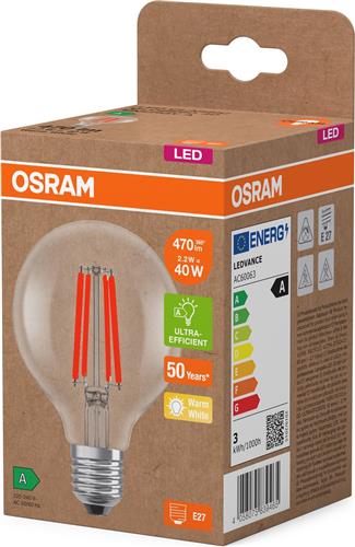 Osram LED lamp in classic globe shape, with decorative LED filament, energy efficiency class A, E27, 5 W, 1055 lm, 2700 K, warm white. 100% light straight away, with no warming up. Low flickering