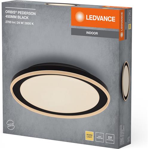 LEDVANCE ORBIS Pederson LED plafondlamp met kunststof ring, zwart, 24W, 1450lm, 3000K, 830 vriendelijk warm wit, 450mm diameter, IP20 bescherming, inclusief montageschroeven en pluggen