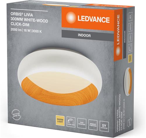 LEDVANCE ORBIS Livia LED plafondlamp met metalen ring, wit/hout decor, 16W, 750lm, 3000K, 300mm, 830 vriendelijk warm wit, dimbaar in 3 niveaus door te klikken, IP20, inclusief schroeven/pluggen