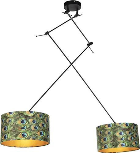 QAZQA blitz - Klassieke Hanglamp met kap - 2 lichts - L 750 mm - Zwart Goud - Woonkamer | Slaapkamer | Keuken