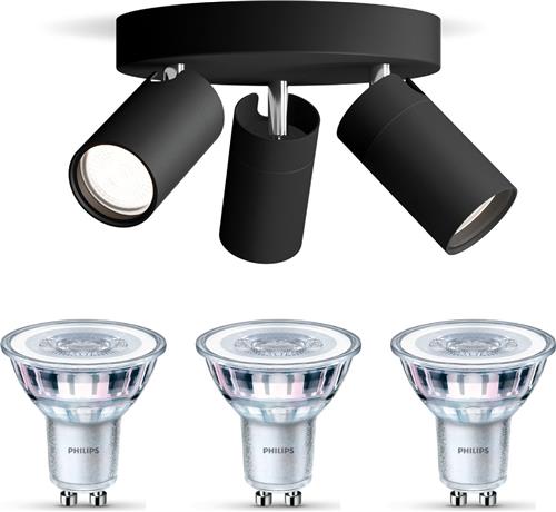 Philips Idris Opbouwspot voor Badkamer (Zwart) - Badkamerlamp - Warmwit Licht - Plafondspot met 3 Lichtpunten - GU10 - SceneSwitch - Eenvoudig Dimbaar met Je Klassieke Schakelaar