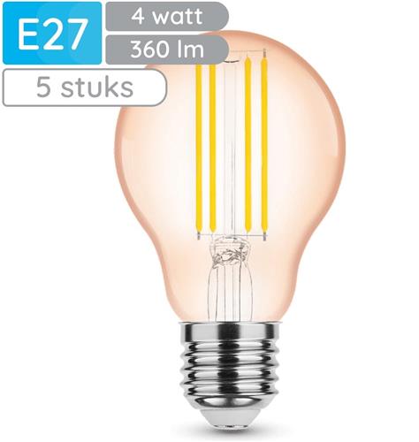 Modee E27 LED Lamp 4W - 360lm - 1800K - Warm Wit - LED Filament Amber Globe A60 - Vervangt 28W Halogeen Gloeilamp - 5 stuks