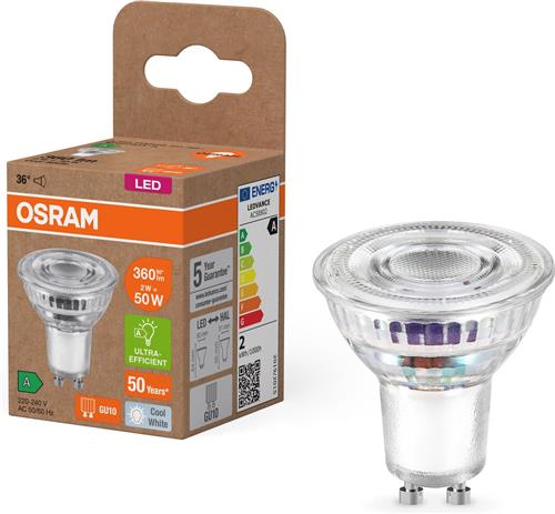 OSRAM Energieklasse LED-reflectorlamp PAR16 met 2 W, 360 lm, koud wit (4000 K) gemaakt van loodvrij glas met GU10 voet in energie-efficiëntieklasse A, 50 mm diameter, IP20.