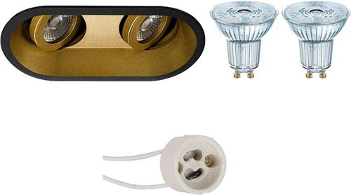 LED Spot Set - OSRAM Parathom PAR16 940 36D - Pragmi Zano Pro - GU10 Fitting - Dimbaar - Inbouw Ovaal Dubbel - Mat Zwart/Goud - 5.5W - Natuurlijk Wit 4000K - Kantelbaar - 185x93mm