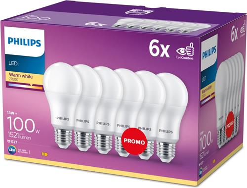 Energiezuinige Philips LED Lamp Mat - 100 W - E27 - warmwit licht - 6 stuks - Bespaar op energiekosten