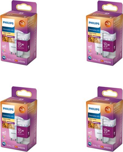 Philips Voordeelverpakking - GU10 - WarmGlow LED Spotlamp - 35W - Dimbaar - Warmwit Licht - Set van 4 Stuks