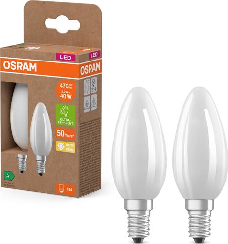 OSRAM LED Superstar Classic LED-lamp B 40 in klassieke minikaarsvorm van matglas, 2,2 W, 470 lm, E14 fitting, 2700 K voor warm wit licht, EEK A, diameter 35 mm.