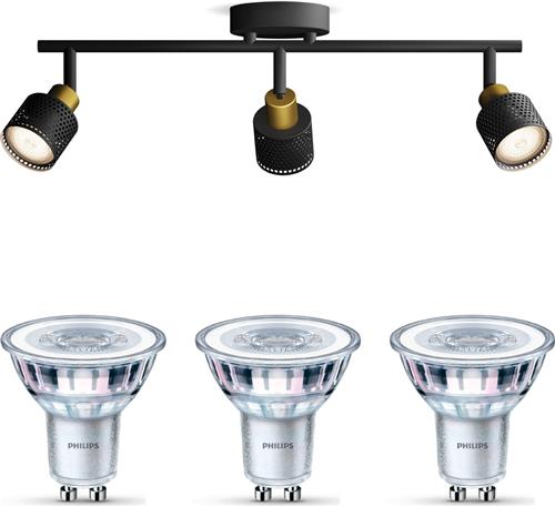 Philips Niall Opbouwspot (Zwart/Goud) - Warmwit Licht - Plafondspot met 3 Lichtpunten - GU10 - Niet Dimbaar