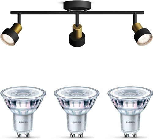 Philips Conduit Opbouwspot (Zwart/Goud) - Warmwit Licht - Plafondspot met 3 Lichtpunten - GU10 - Niet Dimbaar