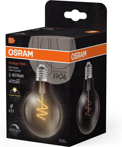 OSRAM Vintage 1906 Globe, warmwitte, dimbare LED-lamp in klassieke bolvorm met spiraalgloeidraad, biedt 4,6 W voor 470 lm, E27-fitting, helder gekleurd glas, diameter 80 mm.