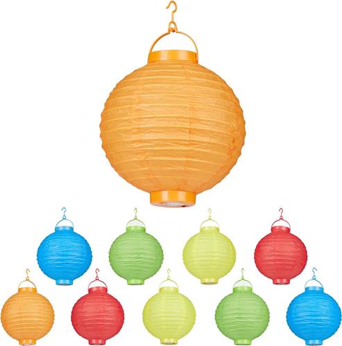 Relaxdays LED lampions - 10 stuks - Ø 20 cm - op batterijen - binnen - buiten - ophangen - papier