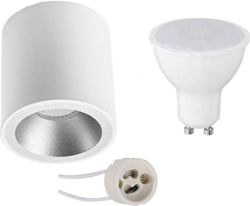 Opbouwspot Set - Pragmi Cliron Pro - GU10 Fitting - Dimbaar - Opbouw Rond - Mat Wit/Zilver - 6W - Warm Wit 3000K - Verdiept - Ø90mm