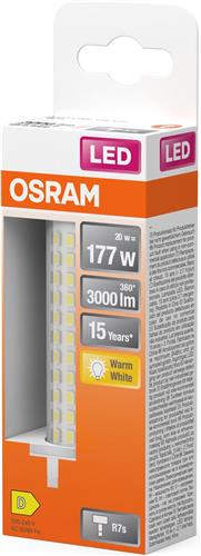 OSRAM LED Line LED-lamp met gloeidraad, heldere kunststof lichtbehuizing, 20 W, R7s retrofit-sokkel, EEK D, 3000 lm, 3000 K warmwit licht voor algemene verlichting.