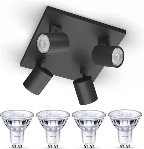 Philips Runner Opbouwspot (Zwart) - Warmwit Licht - Plafondspot met 4 Lichtpunten - GU10 - SceneSwitch - Eenvoudig Dimbaar met Je Klassieke Schakelaar