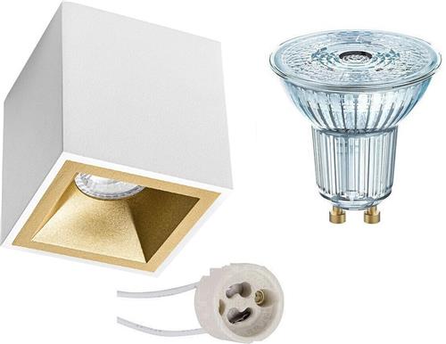 Opbouwspot Set - OSRAM Parathom PAR16 940 36D - Pragmi Cliron Pro - GU10 Fitting - Dimbaar - Opbouw Vierkant - Mat Wit/Goud - 3.7W - Natuurlijk Wit 4000K - Verdiept - 90mm