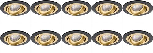 Spot Armatuur 10 Pack - Pragmi Alpin Pro - GU10 Inbouwspot - Rond - Zwart/Goud - Aluminium - Kantelbaar - Ø92mm