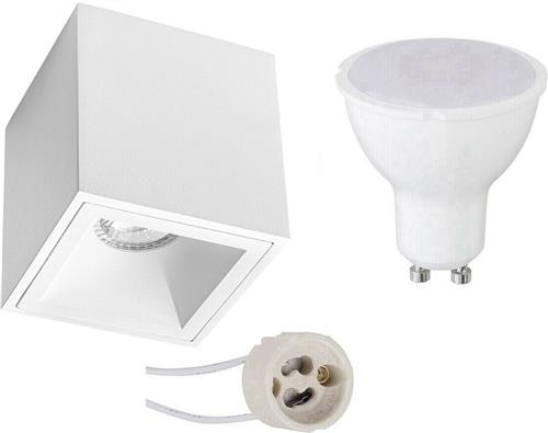 Opbouwspot Set - Pragmi Cliron Pro - GU10 Fitting - Dimbaar - Opbouw Vierkant - Mat Wit - 6W - Helder/Koud Wit 6400K - Verdiept - 90mm