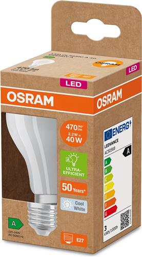 Osram Classic LED E27 Peer Filament Mat 2.2W 470lm Ultra Efficiency - 840 Koel Wit | Vervangt 40W