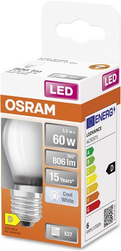 OSRAM LED Star Classic LED-Lampe in klassischer Miniballform, 5.5 W / 806 lm, kaltweißes Licht (4000 K), CRI 80, aus gefrostetem bleifreiem Glas, E27 Sockel, IP20, EEK D, 45 mm Durchmesser.