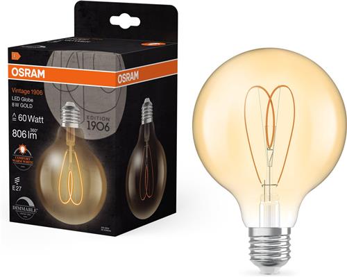 OSRAM Vintage 1906 Globe, warmwitte, dimbare LED-lamp in klassieke bolvorm met gloeidraad, biedt 8 W voor 806 lm, E27 fitting, goudkleurig glas, 95 mm diameter, 2200 K, EEK F.