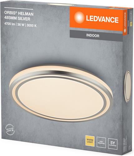 LEDVANCE ORBIS Helman plafondlamp met LED, wit/zilver, 36W, 2500lm, 3000K, 830 vriendelijk warm wit, 485mm diameter, inclusief montageschroeven en pluggen