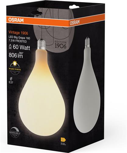 OSRAM Vintage 1906 Big Grape, dimbare lamp met LED-technologie in decoratief filamentontwerp, biedt 7,3 W voor 806 lm, E27 fitting, mat ontwerp, 160 mm diameter, CRI 80.