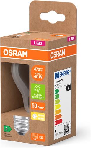 OSRAM LED Classic LED-lamp met gloeidraad in klassieke gloeilampvorm, helder glazen lichtlichaam, 2,2 W, E27 fitting, EEK A, 470 lm voor algemene verlichting.