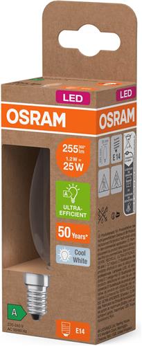 Osram LED lamp in classic mini candle shape, with decorative LED filament in frosted design, energy efficiency class A, E14, 1.2 W, 255 lm, 2700 K, warm white. 100% light straight away.