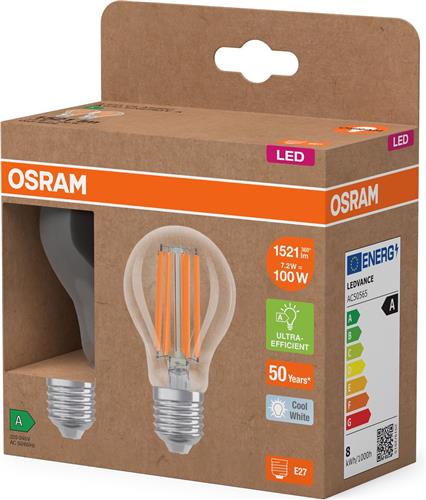 OSRAM Energy Class LED-lamp in klassieke gloeilampvorm, 7,2 W / 1521 lm, EEK A, koud wit licht (4000 K), CRI 80, gemaakt van helder gekleurd loodvrij glas, E27 fitting, IP20, 60 mm diameter.