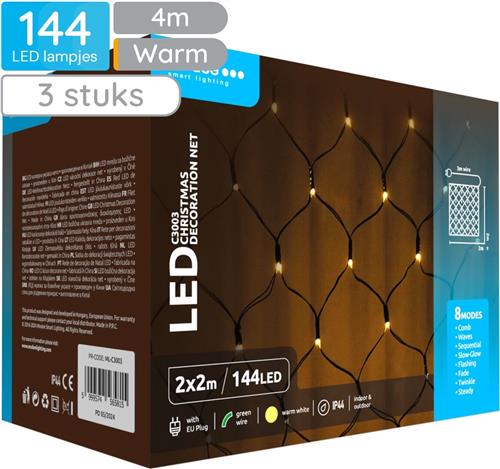Modee Netverlichting Buiten 2x2 Meter - Kerstverlichting voor Buiten en Binnen - 144 LED Lampjes - 8 Lichtstanden - IP44 - 2700K - Warm Wit Licht - 3 stuks
