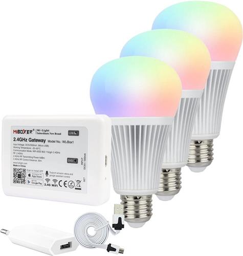 Milight starterspakket 5: 3x E27 RGBWW Wifi lamp met Wifi module Ibox2