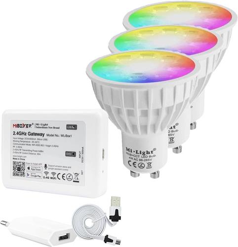 Milight starterspakket 7: 3x GU10 RGBWW Wifi spot met Wifi module Ibox2