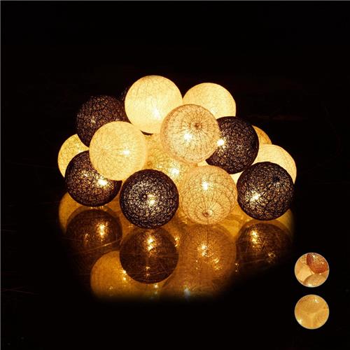 Relaxdays led lichtsnoer met 20 ballen - katoen - op batterijen - sfeerverlichting - Ø 6 cm - wit-grijs-zwart