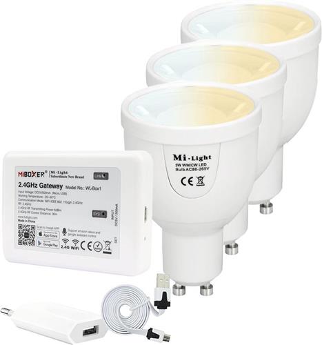 Milight starterspakket 8: 3xGU10 Dual White Wifi spot met Wifi module
