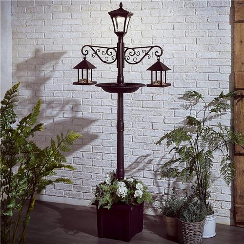 Solar Luxform Dual Powered Lantaarnpaal met vogelbad voederplank en plantenbak