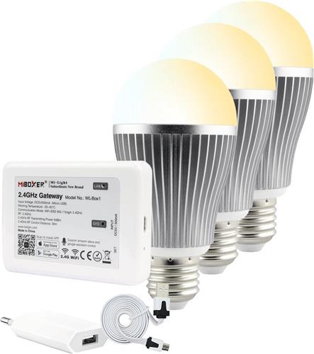 Milight starterspakket 6: 3x E27 Dual White Wifi lamp met Wifi module Ibox2