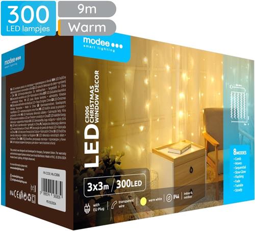 Modee Lichtgordijn 3x3 Meter - Kerstverlichting voor Buiten en Binnen - 300 LED Lampjes - 8 Lichtstanden - IP44 - 2700K - Warm Wit Licht - Per stuk