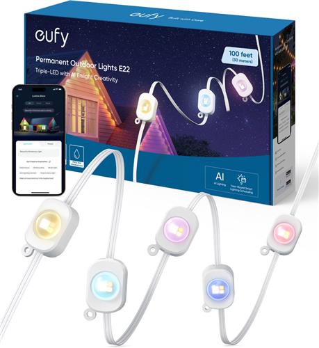 eufy Permanente Buitenverlichting E22 - 15m met 30 Triple-LED Lichten - Slimme RGBWW Lichten, Dagelijks en Feestelijk - Tot IP67 Waterdicht - AI Verlichtingsthemas voor Kerstmis - Werkt met eufy Cameras - APP-bediening