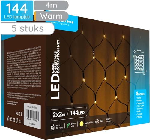 Modee Netverlichting Buiten 2x2 Meter - Kerstverlichting voor Buiten en Binnen - 144 LED Lampjes - 8 Lichtstanden - IP44 - 2700K - Warm Wit Licht - 5 stuks