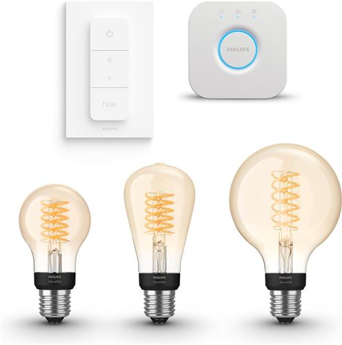 Philips Hue Starterspakket - E27 - met 3 Filament Lampen Mix - Warmwit Licht - Incl. 1 Hue Bridge, 1 Hue Dimmer Switch - Hue White Filament