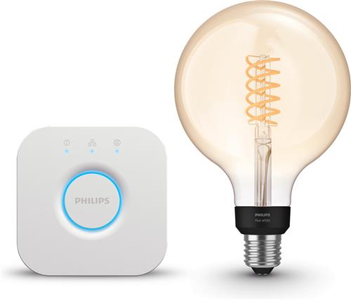 Philips Hue Starterspakket - E27 - met 1 Filament Edisonlamp Groot (ST72) - Warmwit Licht - Incl. 1 Hue Bridge - Hue White Filament