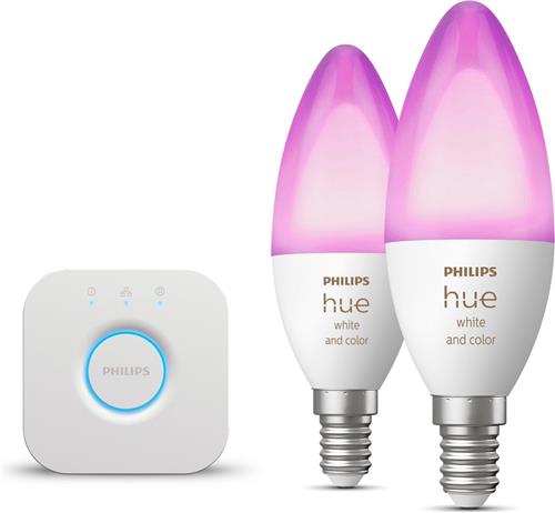 Philips Hue Starterspakket - E14 - met 2 Kaarslampen - Wit en Gekleurd Licht - Incl. 1 Hue Bridge - Hue White and Color Ambiance